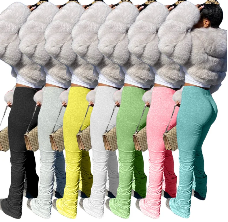 

Casual Mid Waist Drawstring Women Sweat Pants With Ruched Sides Solid Stacked Pants Legging, As picture
