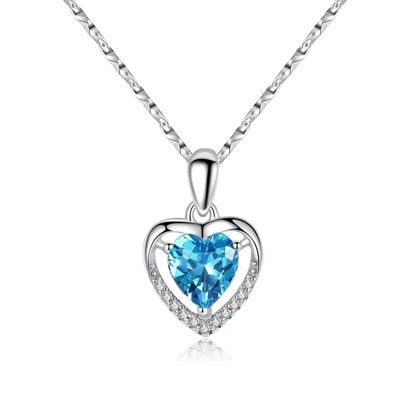 

Blue Cubic Zirconia Heart Pendant Necklace Women Elegant Custom Fashion Jewelry Dainty Crystal Gemstone Love Heart Pendant