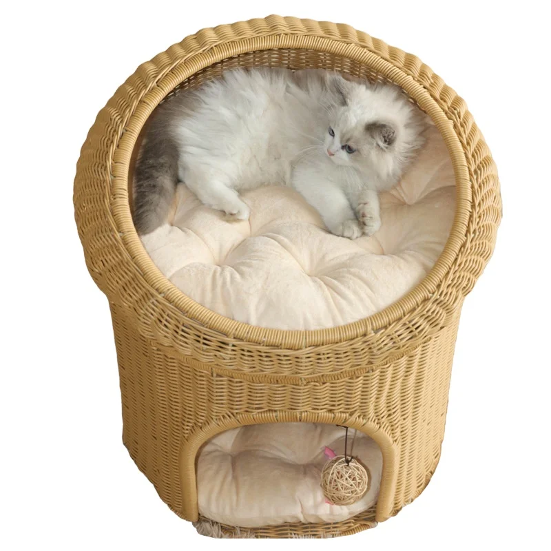 

Handmade PP Rattan Double Pet Bed Closed General Knitting Cat Bed Woven Rattan Removable And Washed Pet Nest With Soft Cushion, Natural color