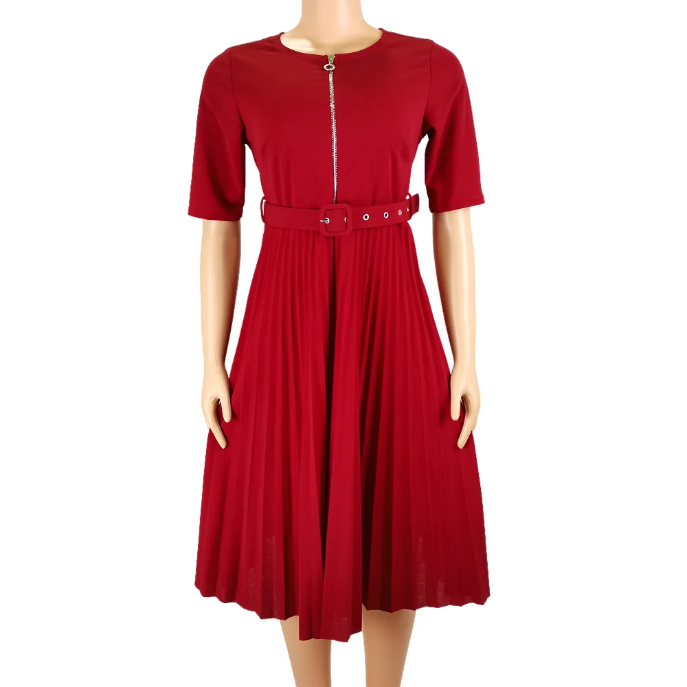 

summer front zipper o neck solid color pleated frill Dress Casual Dresses Plus Size Women Vestido, Customized color
