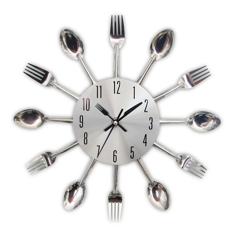 

3D Detachable Stainless Steel Cutlery Murale Modern Fork Spoon Home Decoration Metal Creative Wall Clock, As shows