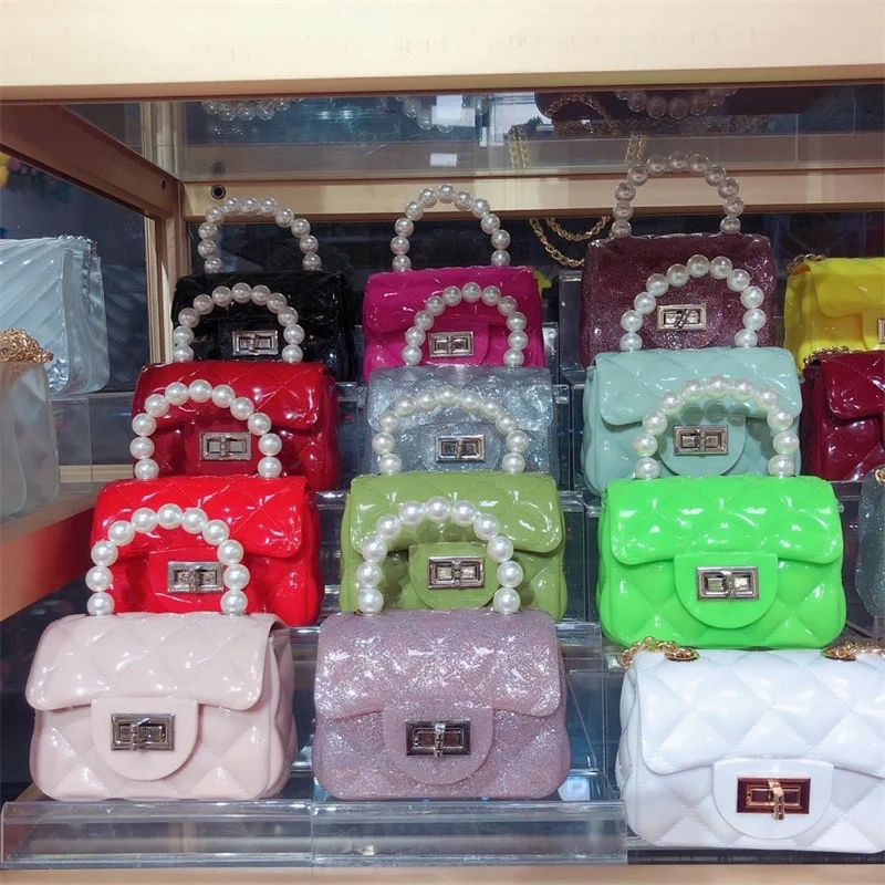 

Hot sale colorful purses and handbags mini Chain crossbody bag silicone kids small Jelly shoulder bag pvc pearl Women Handbag