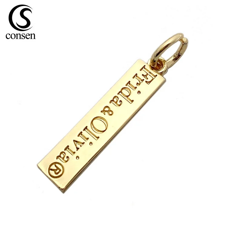 

OEM style rectangle shape custom logo stamped jewelry tag charm for necklace / bag, Gold,silver,gunmetal,antique brass,etc.