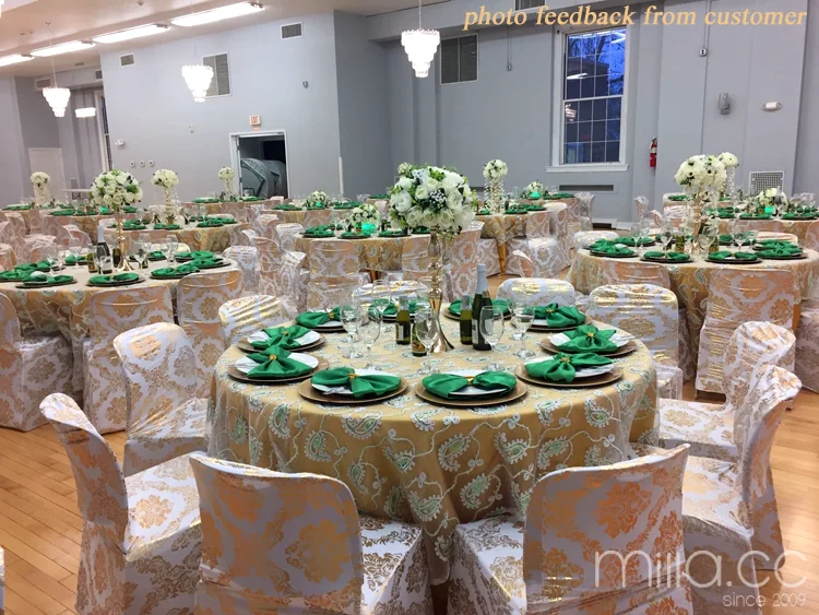 Promotional Damask Stamping Metallic Gold Silver Spandex Chair Cover For Wedding Party Christmas