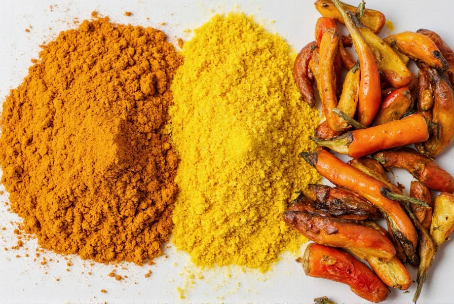 Turmeric powder in various culinary applications including curry, rice dishes, and roasted vegetables