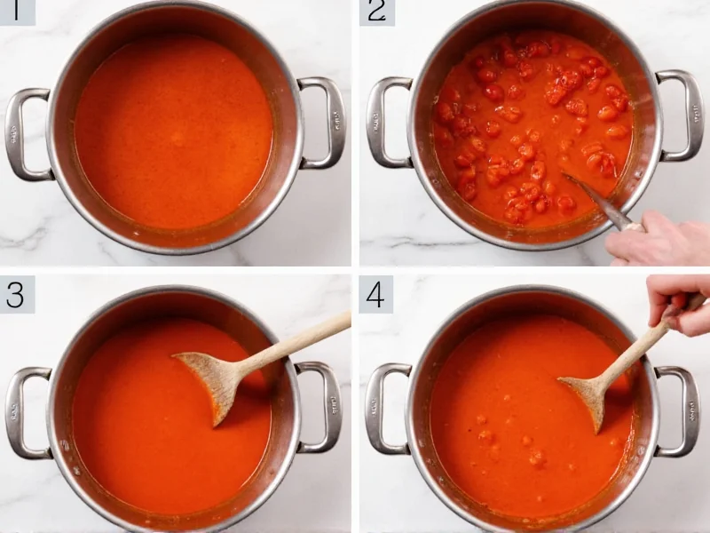 Step-by-step tomato soup cooking process in stainless steel pot