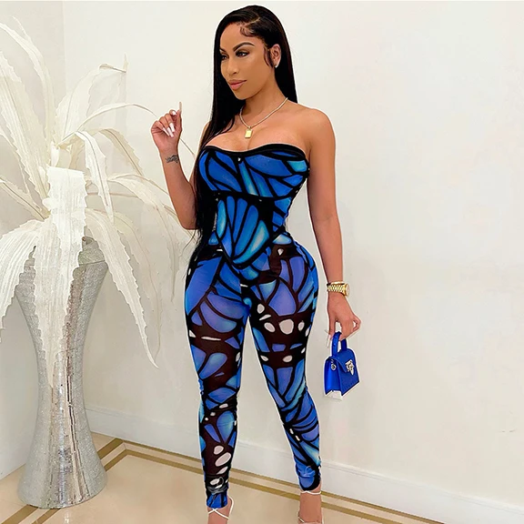 

Summer Night Club Wear Print Sexy Strapless Jumpsuit For Ladies Sleeveless Jumpsuit Women Jumpsuits, Blue