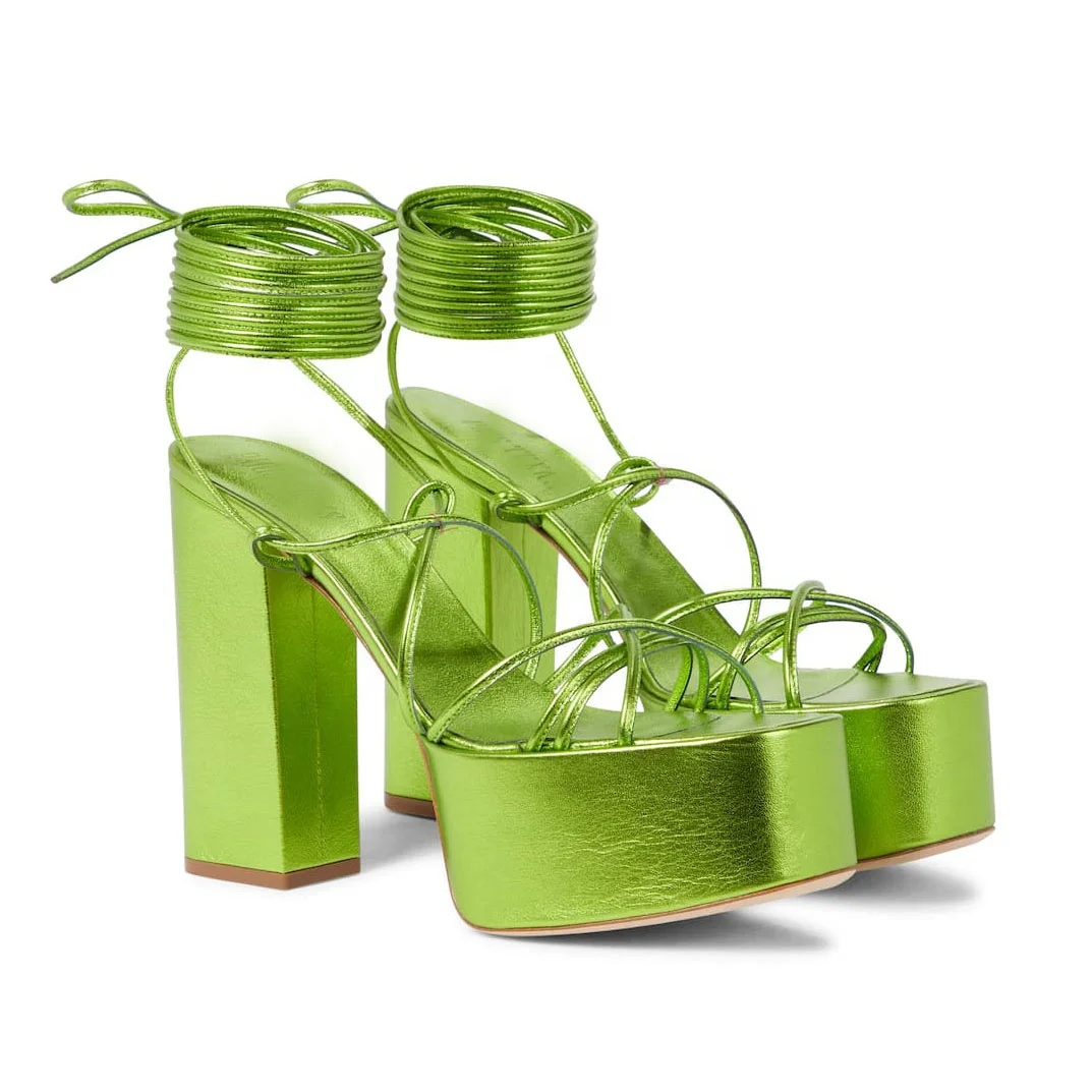 

Women Designer Sandals New Styles Of 2021 Summer Collection Lace Up Chunky Heels Women Platform Shoes Super High Heel Sandals, Green