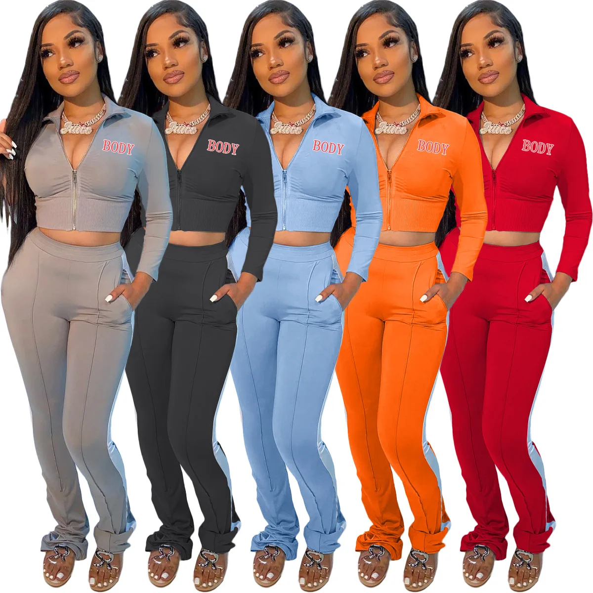 

2021 New Spring Women Full Sleeve Zipper Two Piece Pant Sets Solid Printed Letter 2 Piece Jogger Pant Sets Women' Sportswear