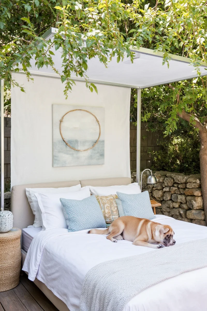 A pet cooling station with a water bowl and shaded area near an outdoor bedroom.