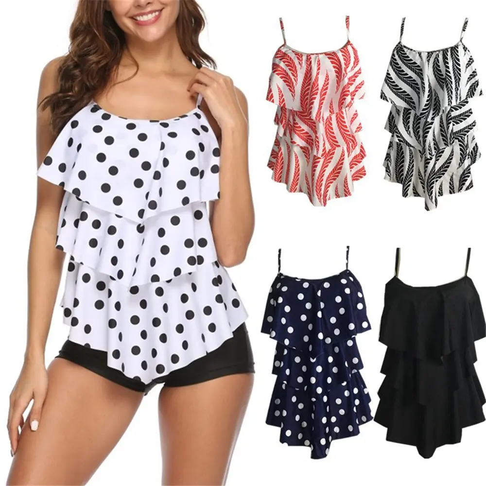 

Plus Size Two Piece Polka Dot Print Swimwear Women Ruffle Tankini Push Up Swimsuit Shorts Bathing Suit 2XL Beach Pad