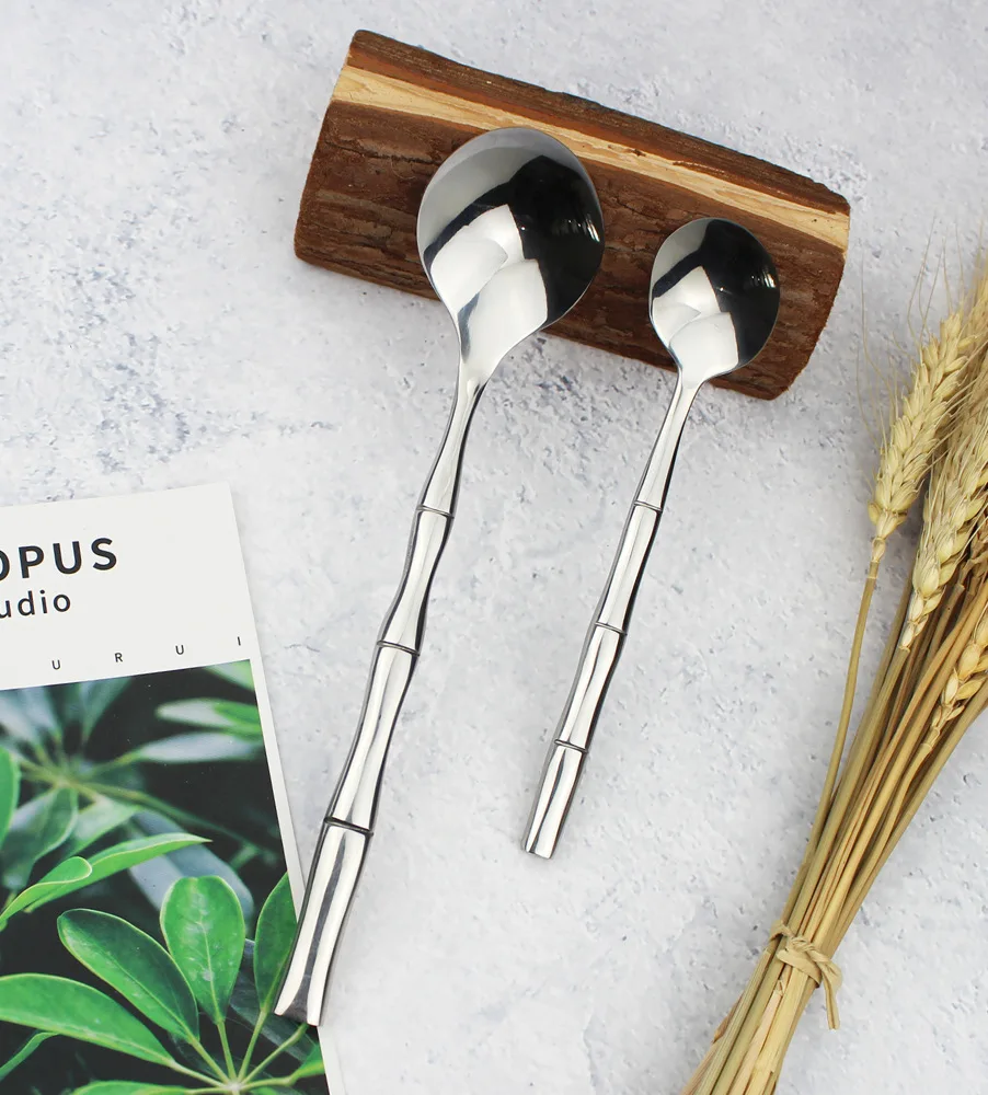 

Wholesale High Quality Bamboo Styles Handle Stainless Steel Spoon 15cm Length Tea Spoon Tableware Set