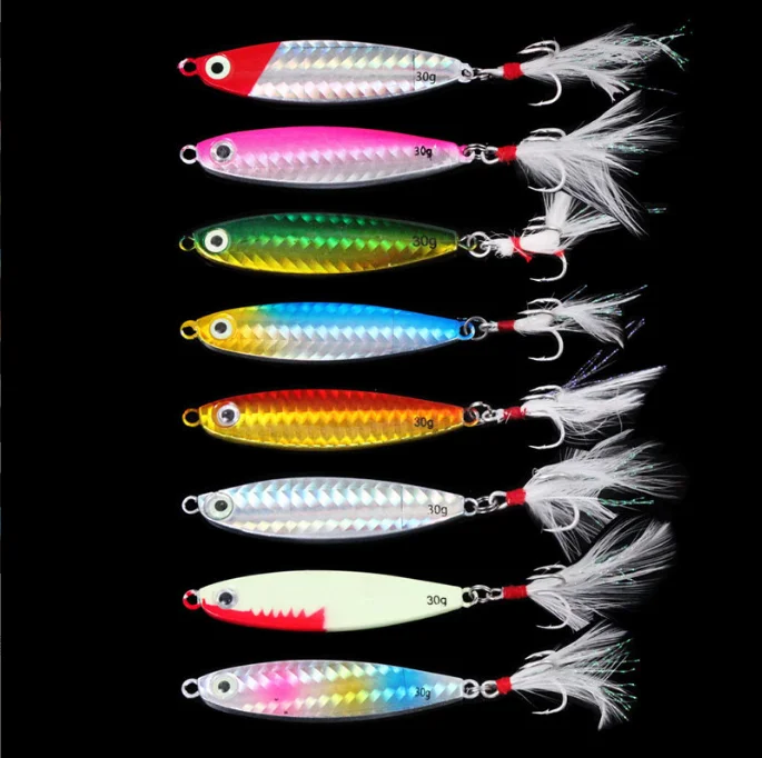 

Toplure 7g 10g 15g 20g 30g jigging lures saltwater fishing metal jig slow jigging lure with Feather hook