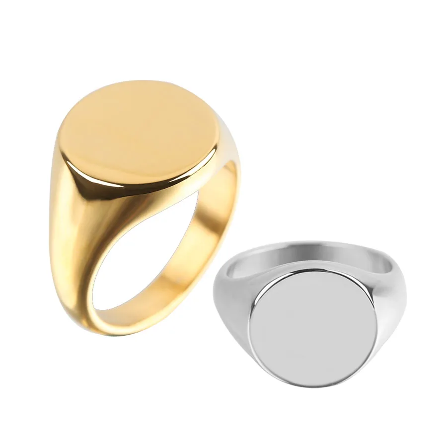 

Simple Plain Shiny Gold Plated Women Blank Ring High Polished Delicate Silver Titanium Steel Signet Ring, Silver, gold