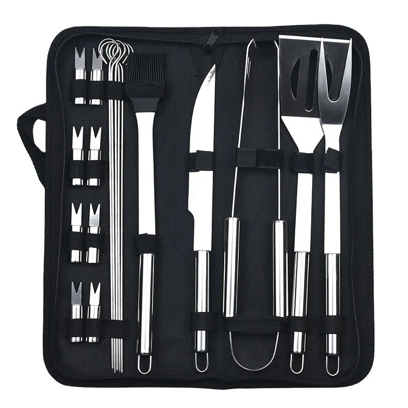 

Portable Bbq Tools Set Stainless Steel Outdoor Bbq Accessories Kit Tools 20Pcs Brushes Knife Fork Tongs, Silver