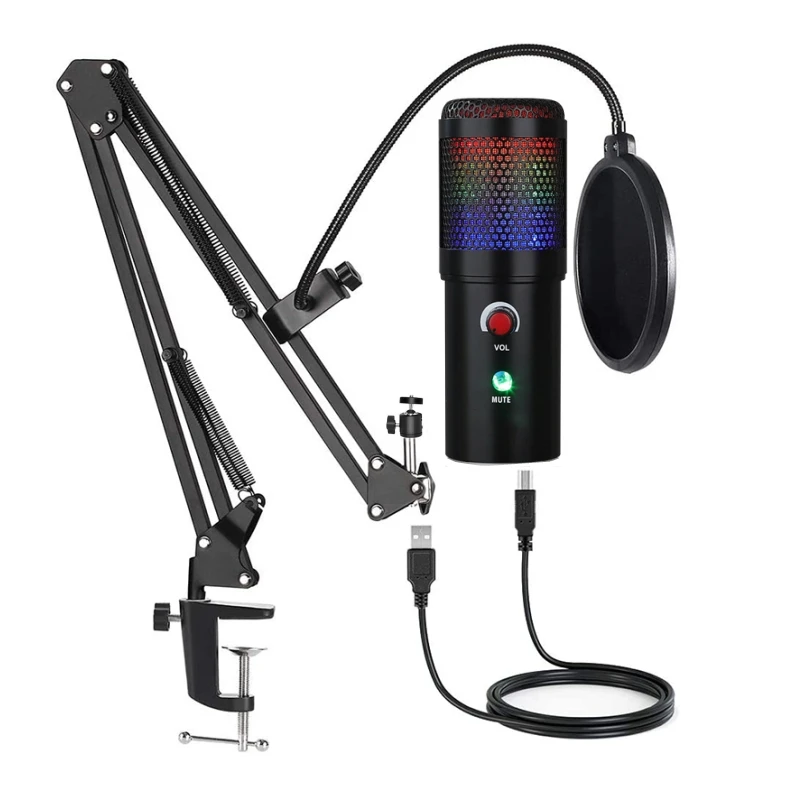 

USB Condenser Professional Microphone Computer Live Microphone RGB lights Glowing Desktop wired Microphone Device Voice Game, Black