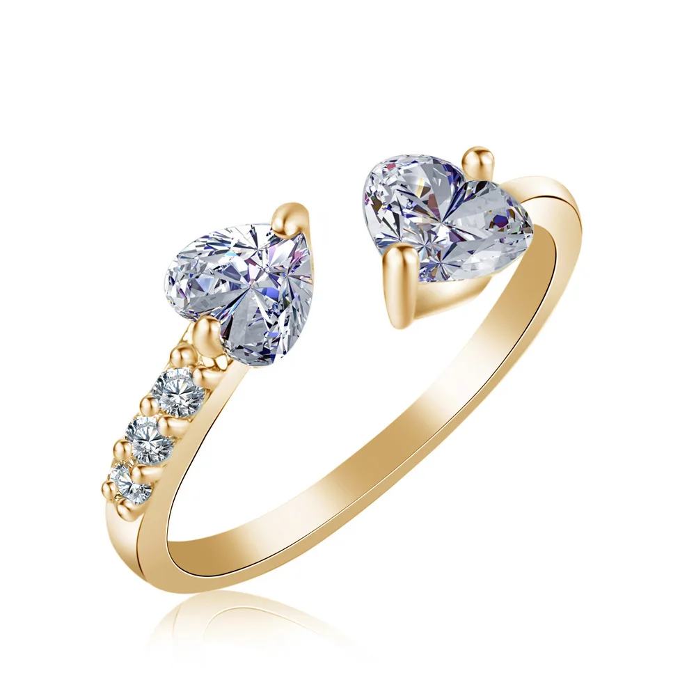 

Exquisite Zircon Heart Open Engagement Rings Gold Plated Inlaid Cubic Zirconia Double Heart Adjustable Ring For Girls