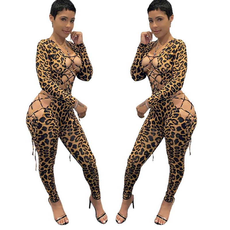 

2021 Sexy club wear leopard legging two piece set women clothing