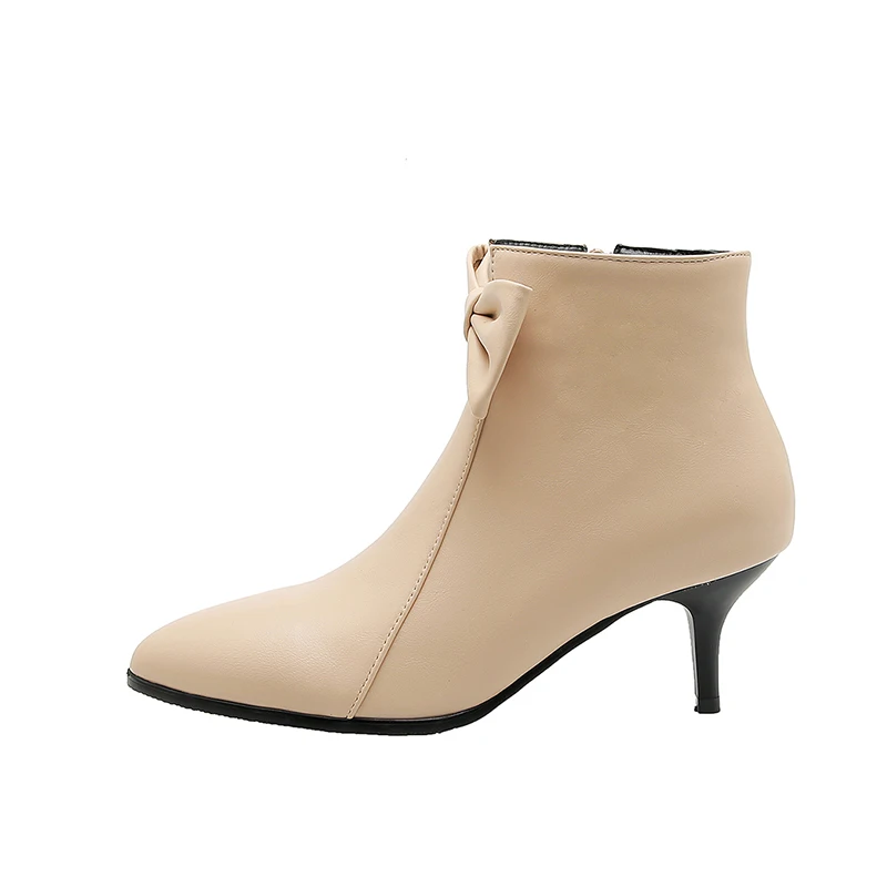 

New Winter Black Bowknot Side Zipper Elegant Low Heels Ladies Boots, Black/apricot/pink