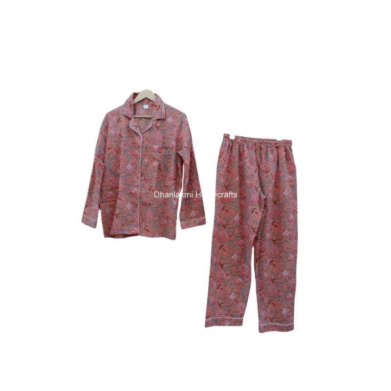 

Pink Floral Hand Block Print Cotton Organic Night Suit Indian Cotton Night Wear Pyjama Set Pyjamas Dress Wholesale Sleepwear