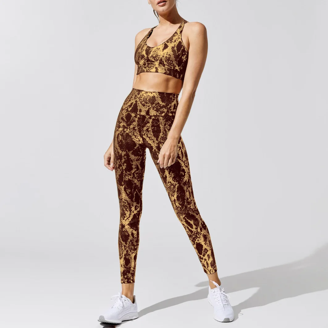 

Hot selling Custom Logo Fashion High Waist Animal Print Yoga Leggings And Bra Set Metallic Snake Women Workout Sports Set Suit