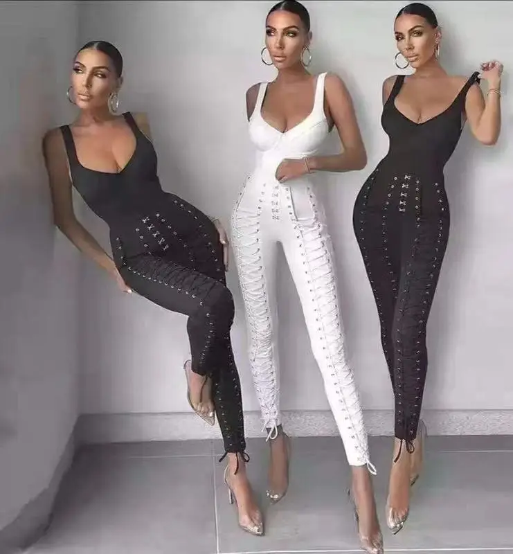 

C2724 Dropshipping Custom Logo Sling String Bodycon Women Jumpsuit