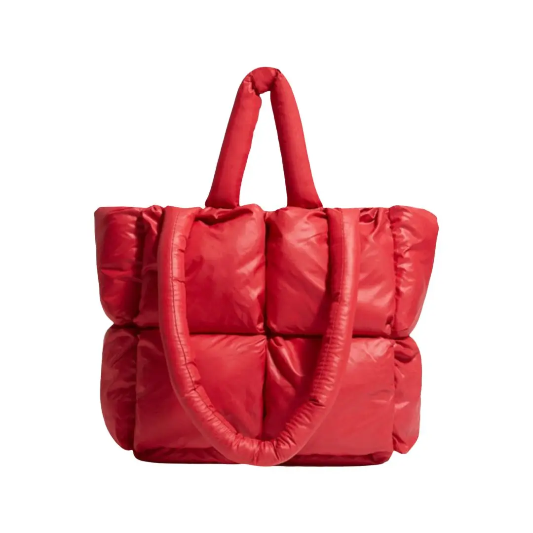 

Red Puffer Tote Bag for Women Quilted Puffy Handbag Light Winter Down Cotton Padded Shoulder Bag Down Padding Tote Bag