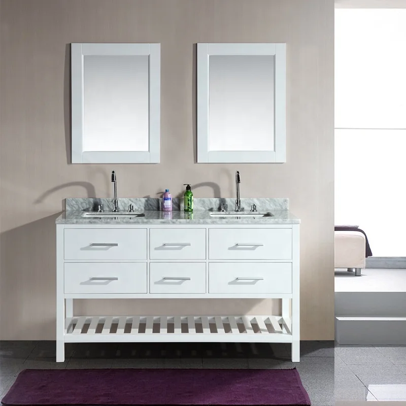 Carrara Marble Top 60 Inch Double Sink Bathroom White Vanity Set Double Sink Bathroom White Vanity Set