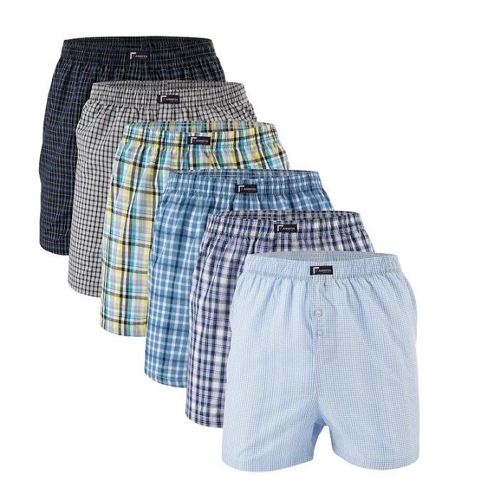 

Men's Loose Home Woven Brief Boxer Shorts With Inside Waistband Classics Checks Multicolor Boxer Male Beach Shorts, Black red/blue hippo/ blue stripe