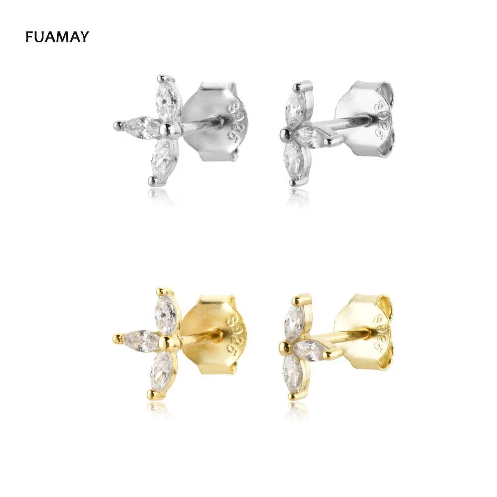 

FUAMAY Clear CZ Diamond Marquise Flower Earrings Studs Design for Girl in Gold Plated Silver Jewellery