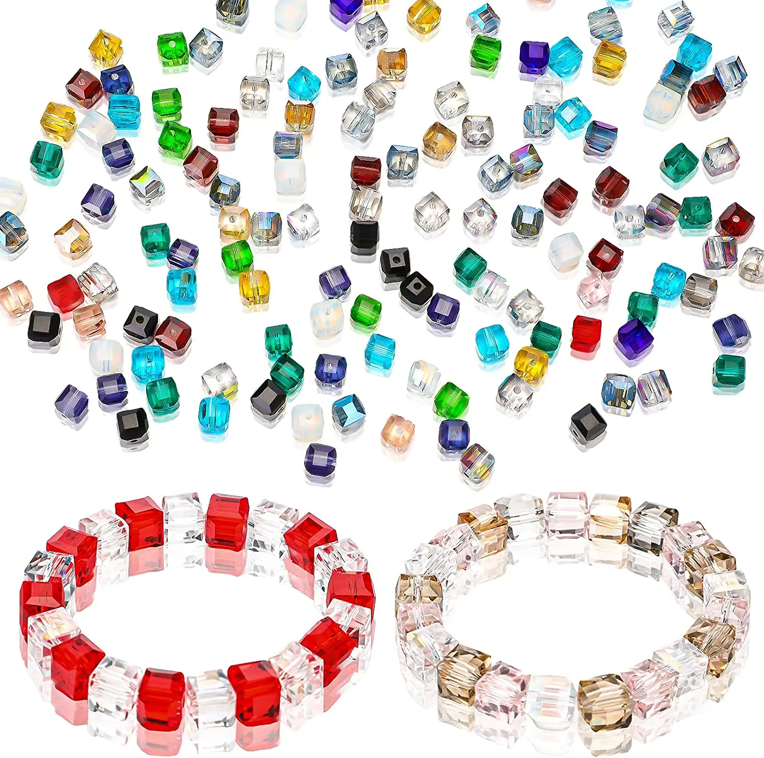 

200 Pcs Cube Shaped Faceted Spacer Beads Square Glass Bead for Jewelry Making, Multicolor