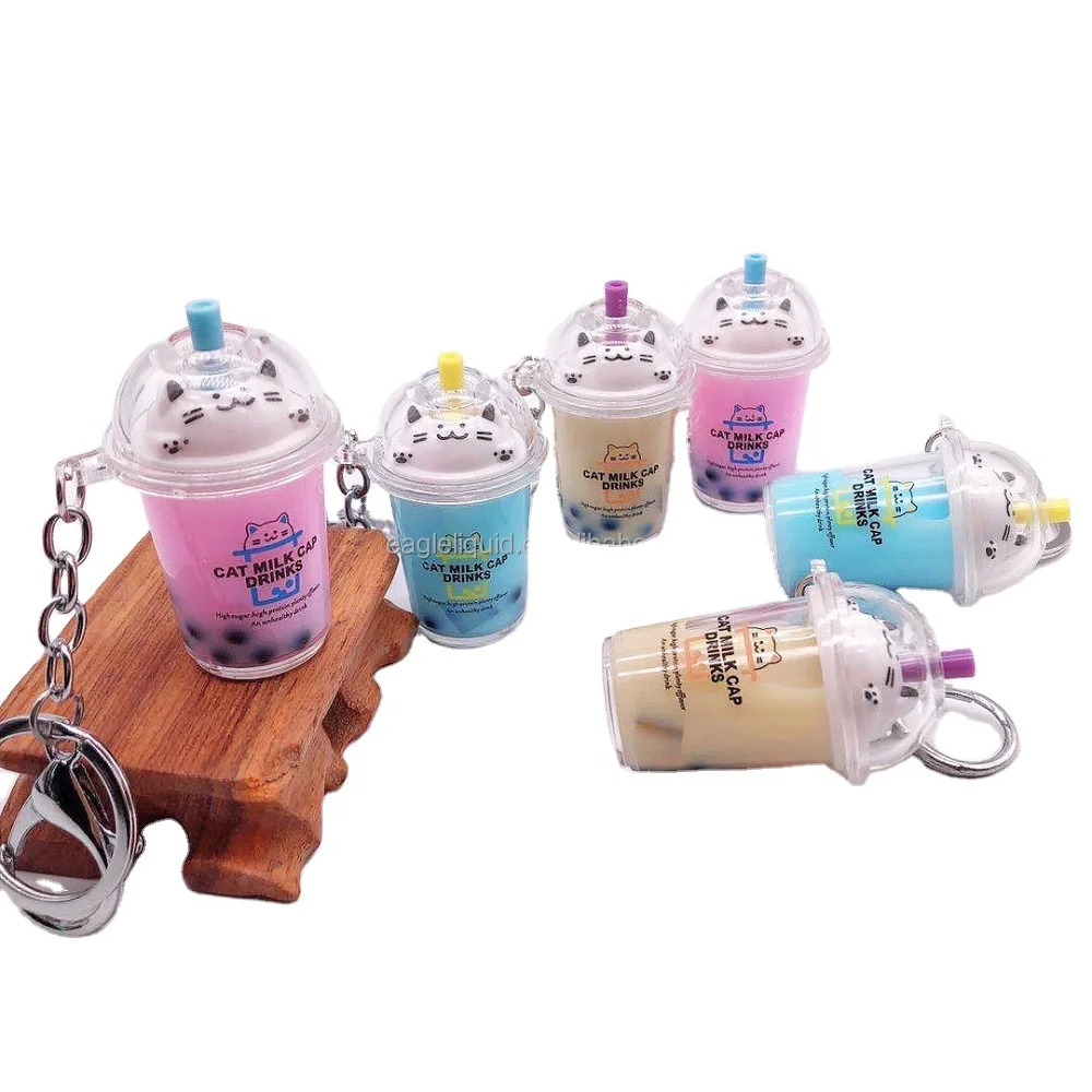 

2021 Novelty Girl Gift Acrylic Liquid Key Chain Cat Lid Milk Tea Cup Keyring Boba Keychain, Picture shown