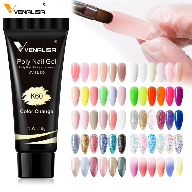 

Venalisa 15g Acrylic Extension Nail Gel Glitter Camouflage Neon Color Temperature Color Change Poly Nail Gel Manicure Nail Art, 60 colors