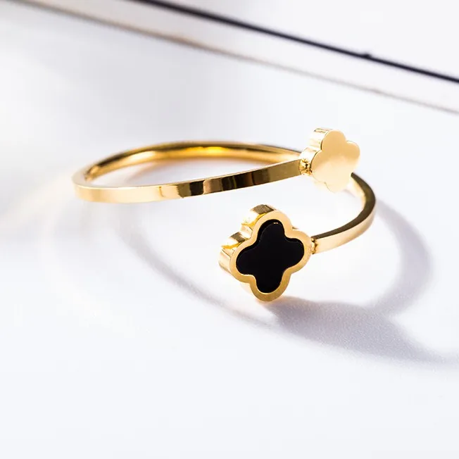 

Stylish Resizable Gold Plated Stainless Steel Lucky Gem Jewelry Women Adjustable Clover Ring