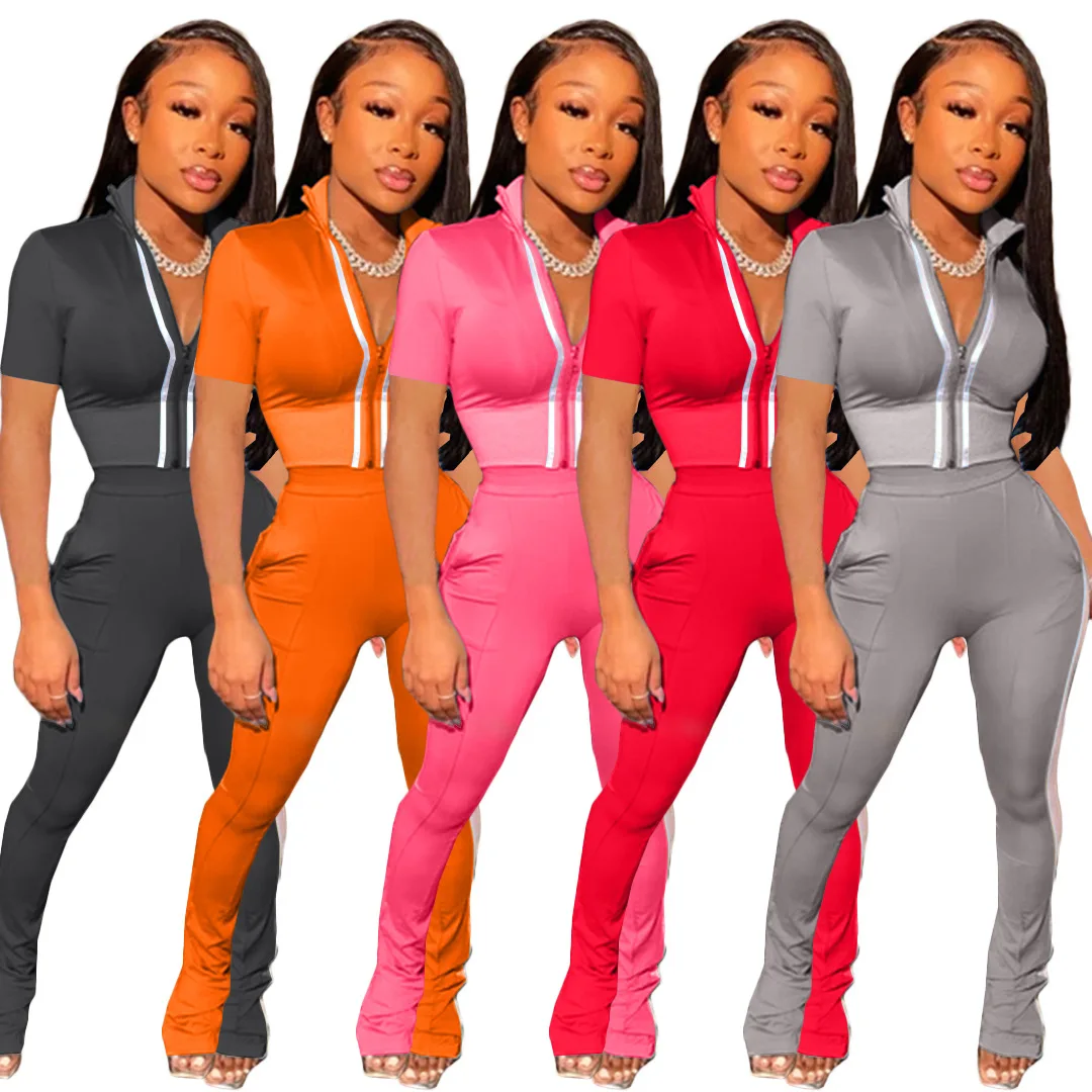 

Autumn 2021 Tracksuits Pure Color Stitching Leisure Sports 2 Piece Set Joggers Outfits Short Sleeved Clothes, Picture shows