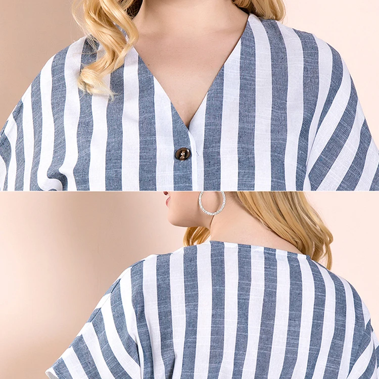 
Cotton And Linen Fabric Extreme Blue V-Neck Stripe Women Summer Casual Dress Plus Size Dress 