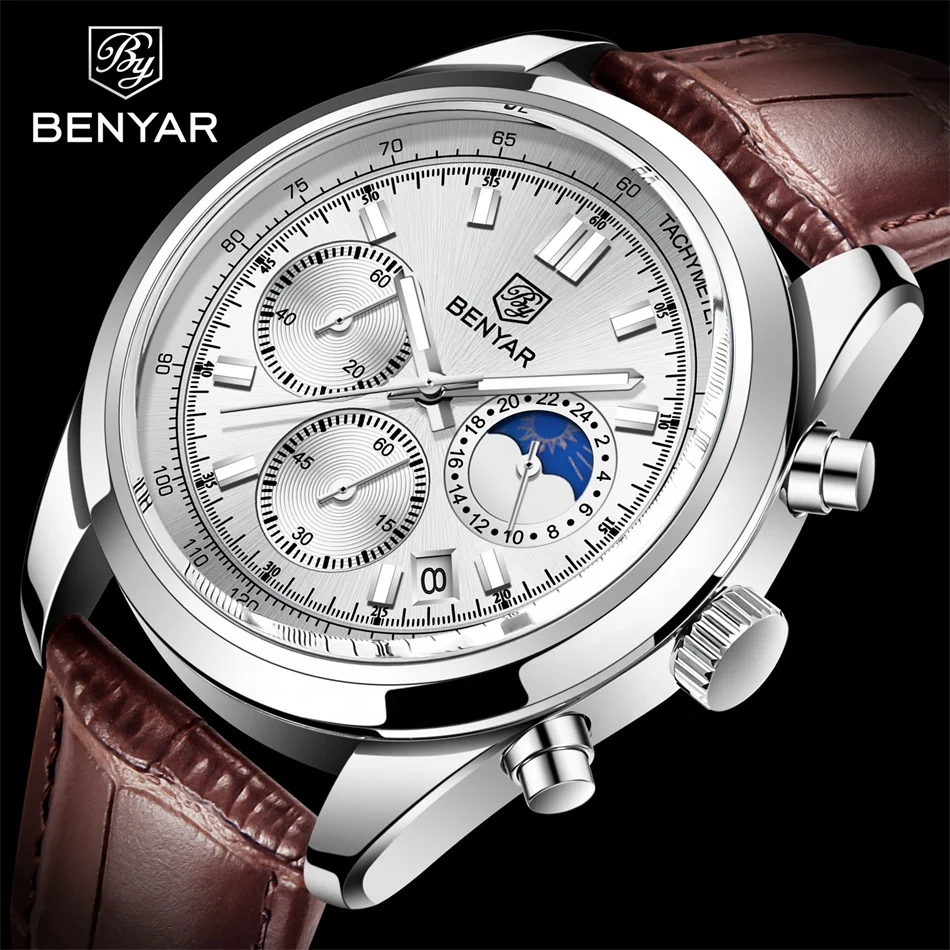 

BENYAR Men Watch 5193 Chronograph Waterproof Sport Brown Genuine Leather Male Wristwatch Top Brand Luxury Military Man Clock, Look at the picture