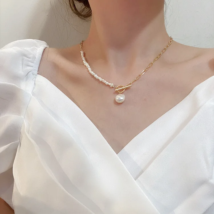 

Pearl jewelry punk baroque pearl charm necklace chunky link pearl beaded necklace for girls