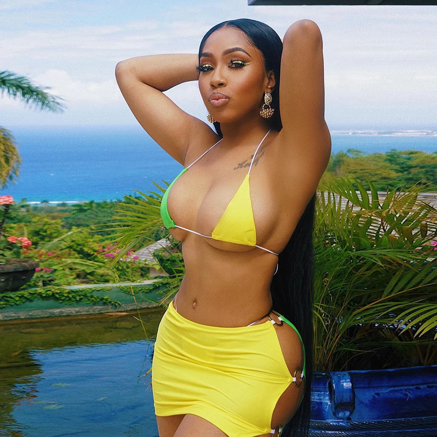 

Nibber K21S02616 New Design Hot Summer Holiday Beachwear Side Ripped Ladies Camisole & Mini Skirt Set Women Sexy Bikini Set, Yellow/white