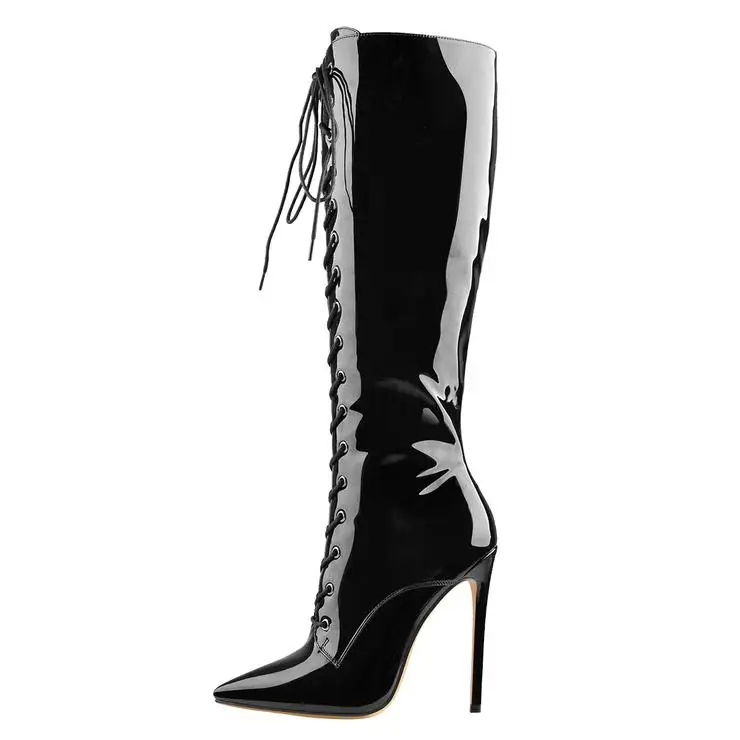

Custom shoes Black Patent Leather Lace Up Pointed Toe Knee High Boots