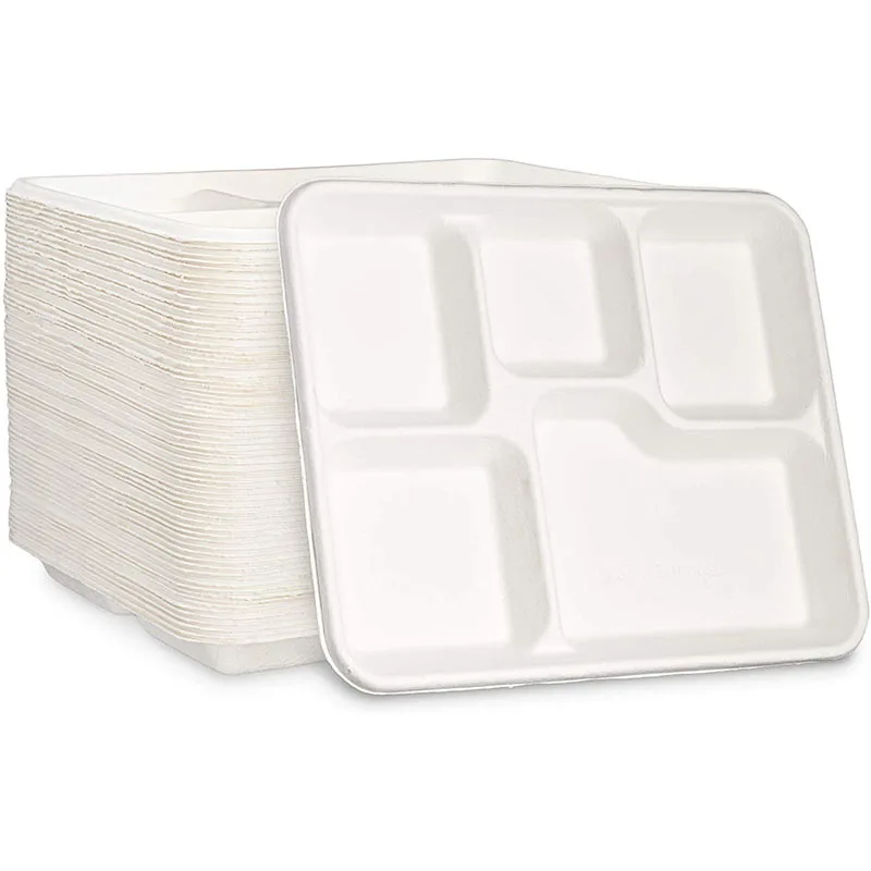 

Divided Plates Melamine 5-Compartment White Serving Tray Disposable Catering Baking BBQ Pizza Trays, Natural