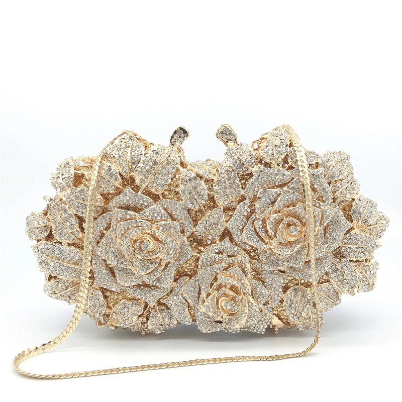 

2021 Fashion bling crystal roses rhinestone bag luxury diamond evening purse for women, Gold, silver,