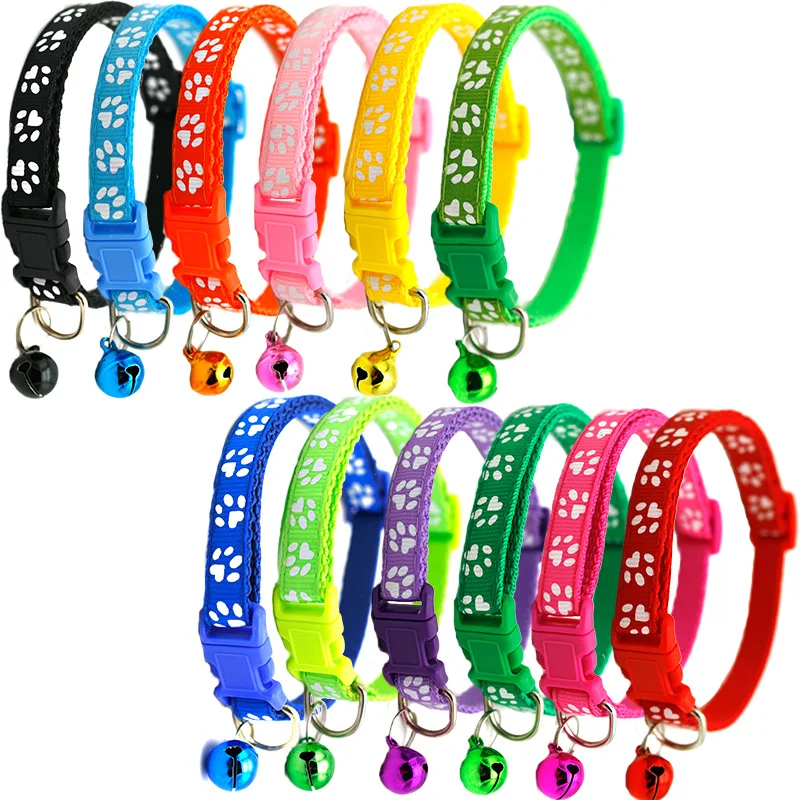 

Amazon Hot Selling Multi Color Paw Print Adjustable Nylon Webbing Pet Cat Collar Small Dog Collars With Bell