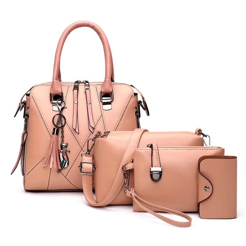 

JIANUO lady hand bags 4 piece handbags sets for women 2020 pink handbag set