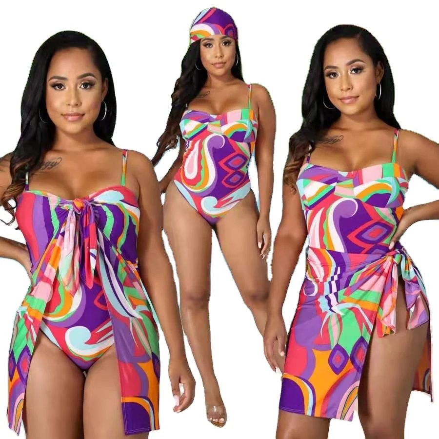 

2021 new sexy sling slimming printed one-piece swimsuit women's three-wear dress