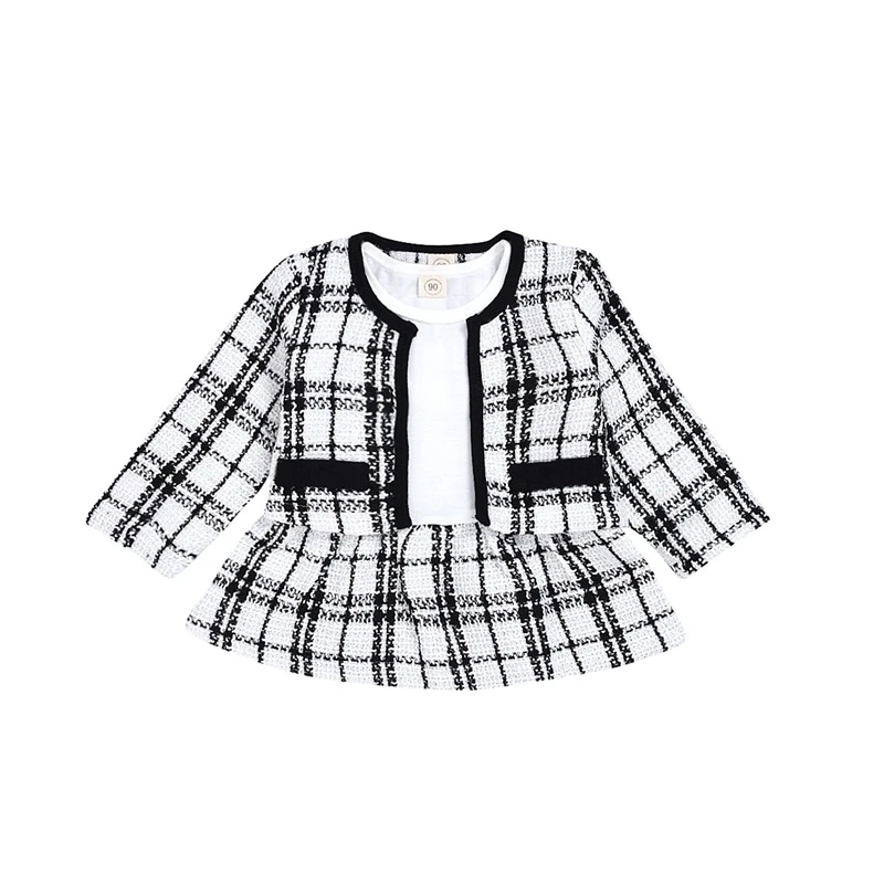 

Amazon hot sale 2021 new style kids fall clothes sets tweed plaid blazer skirts 2pcs baby girls autumn clothing outfits, As pictures