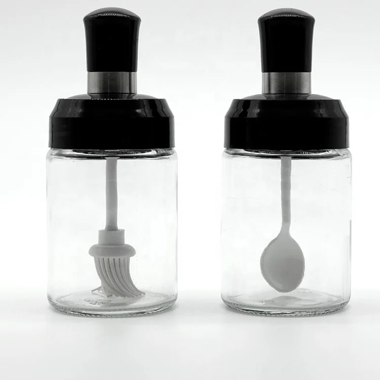 

250ml Glass Seasoning Bottle Salt Storage Box Spice Jar With Spoon, Oil Brush, Honey Dipper, Transparent