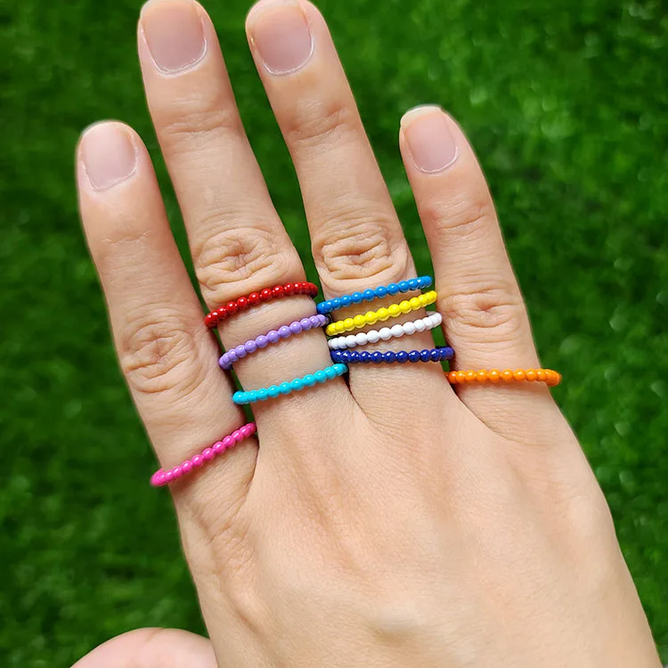 

RA1041 Mini Tiny Minimal Enamel Rainbow Colored Brass Metal Ball chain Open Rings for Ladies