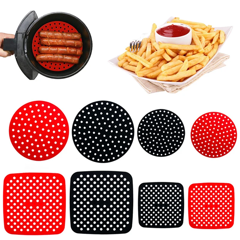 

Amazon Hot Selling Kitchen Steaming Basket Mat reusable silicone air fryer liners silicone mat air fryer, Black and red