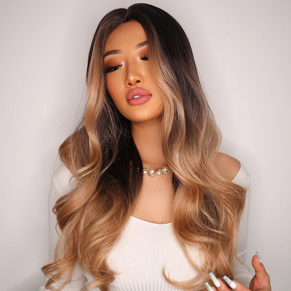 

BVR Natural BLACK Gradient Gold Body Wave 28 Inch long wavy high temperature fiber synthetic wig for white black women